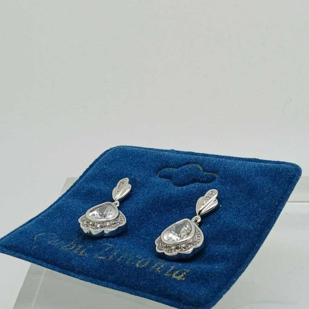 Vintage 1990s Pear Cut Cubic Zirconia Silver Tone Drop Earrings Rare New on Card